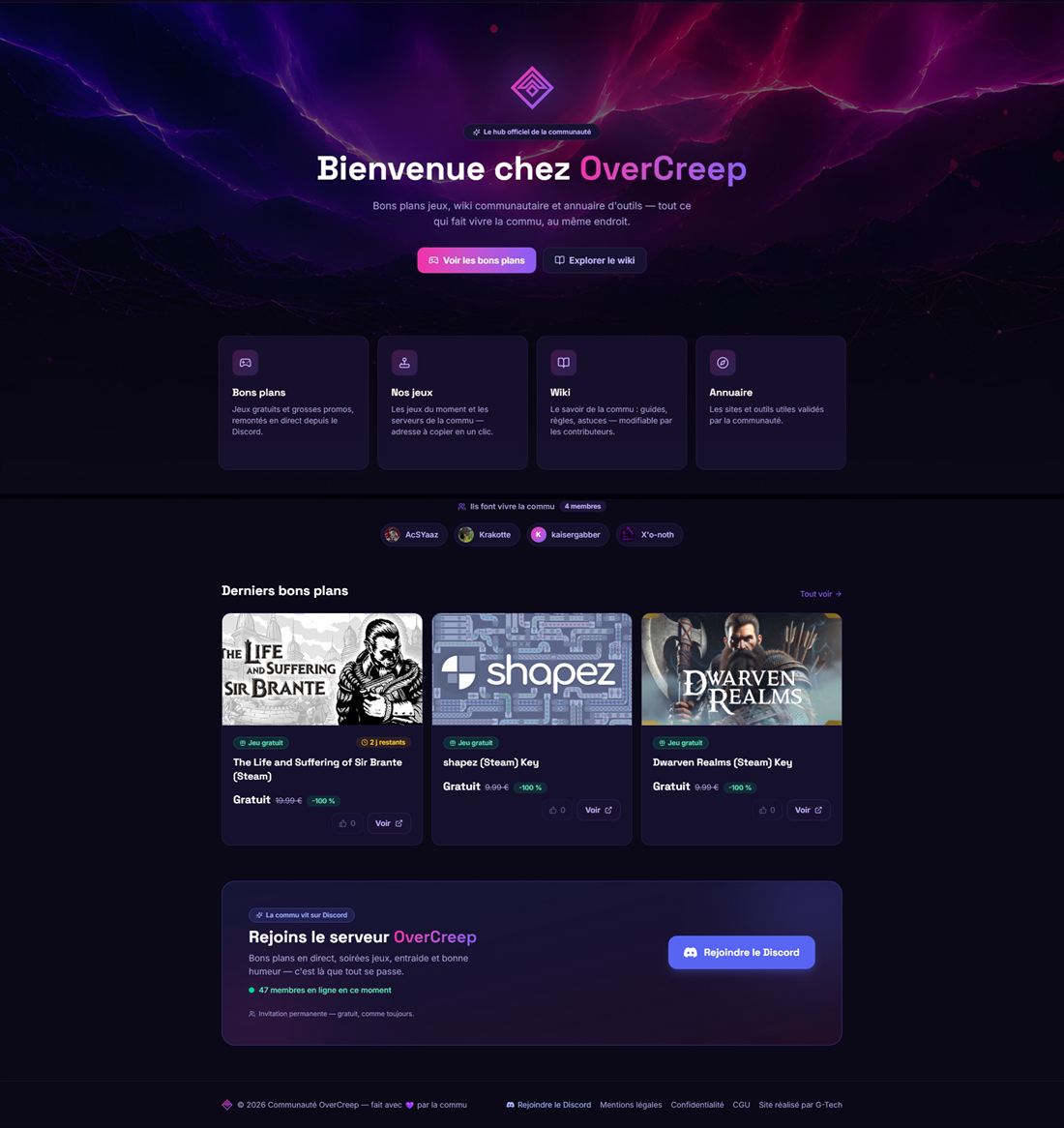 Aperçu du site OverCreep, hub de communauté gaming